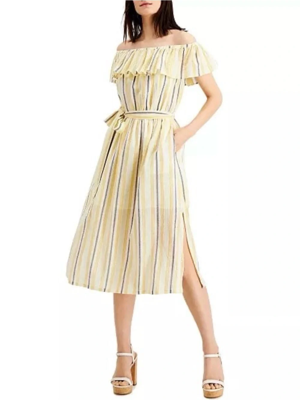 Michael Michael Kors NWT Striped Ruffle Neck Midi Dress Cotton Blend Size